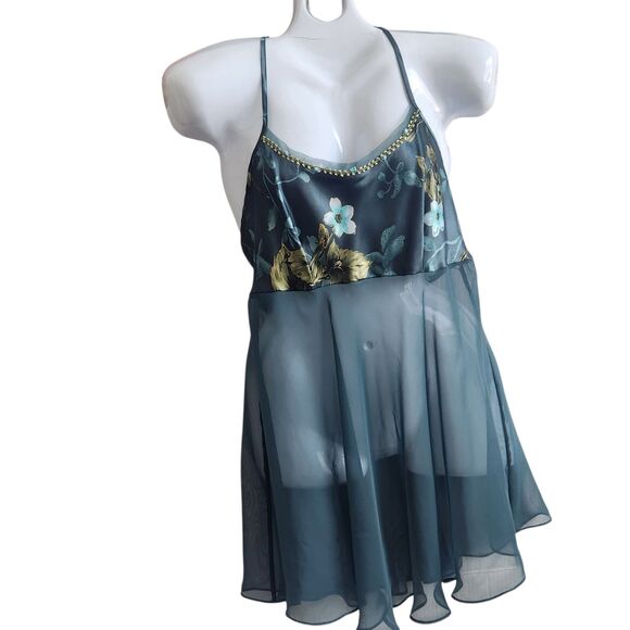 VTG Secret Treasures Sheer Baby Doll Chemise-Deep Teal-Floral Details-Coquette-L - Picture 3 of 12